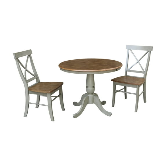 36" Round Solid Wood Extension Dining Table With 2 Cross Back Chairs in Distressed Hickory/Stone by International Concepts