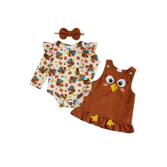 Miaouyo Baby Girl Thanksgiving Outfit Turkey Print Long Sleeve Romper Sleeveless Dress Bow Headband 3 Piece Set