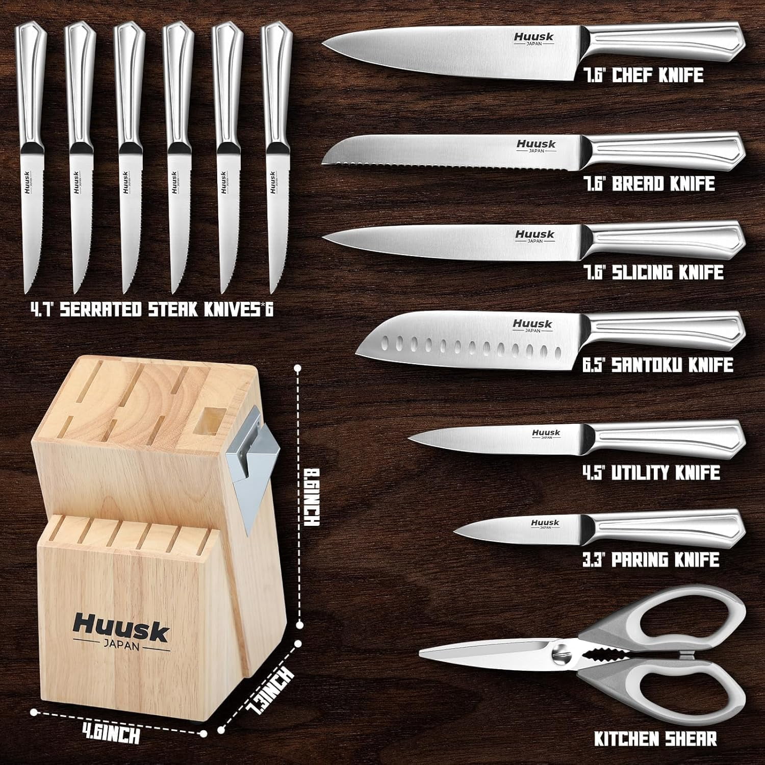 Huusk Kitchen Knife Block Set - 14 Pieces Kitchen Knife Set with Built-in Sharpener, Stainless Steel Knife Set with Ergonomic Handle, Professional Knives Set Festival Gift for Men and Women
