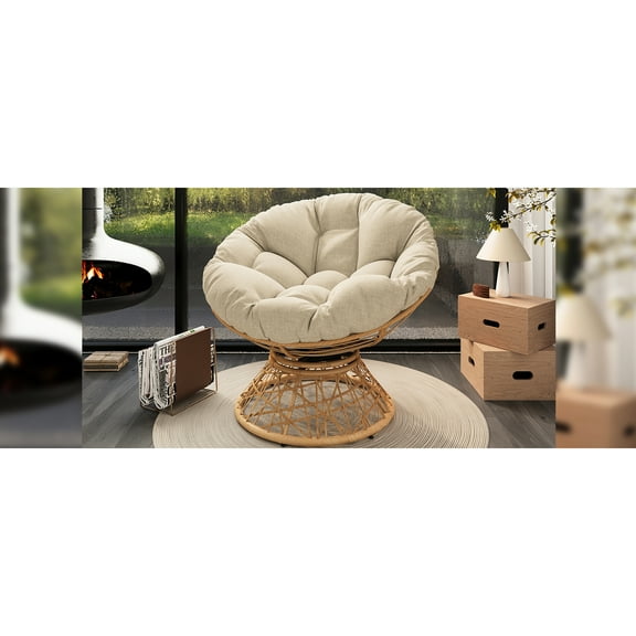 40" Chair With Soft Cushion, 360° Rotation, Waterproof Cover, Metal Base For Lounge Area Relaxing Chair, Swiveling & Stain- Fabric. Construction Living Room, Bedroom. Beige Color
