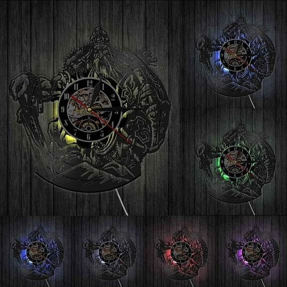 Scandinavian mythology God OdinViking Warrior With Sword And Shield Decorative Wall Clock Barbarian Warrior Vinyl Record Clock With LED