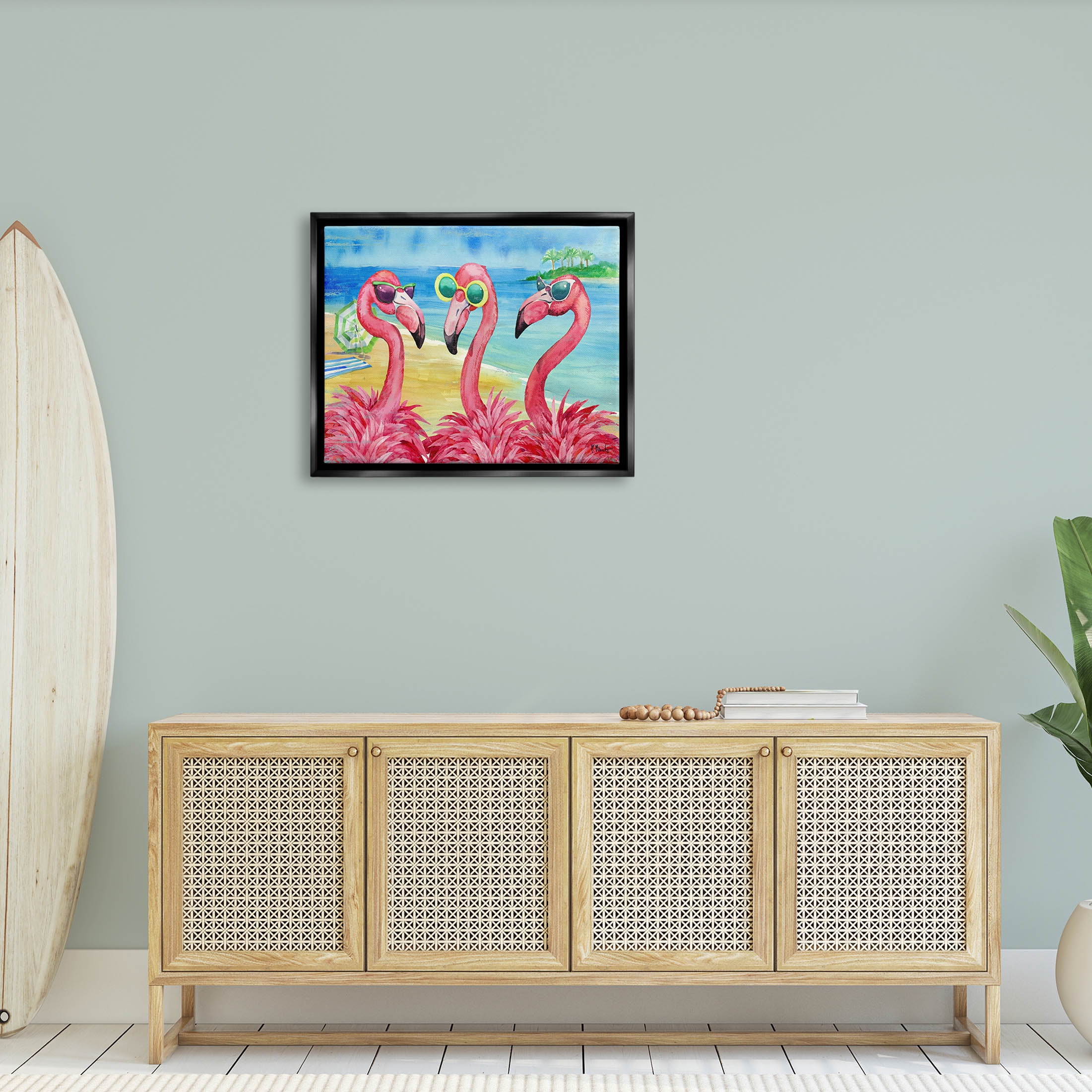 Stupell Industries Flamingo Girlfriends Tropical Coast Graphic Art Jet Black Floating Framed Canvas Print Wall Art, Design by Paul Brent