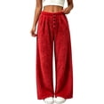 thumbnail image 2 of Karymi Linen&nbsp;Pants&nbsp;Women Solid Plush Fuzzy Wide Leg Pants, Elastic Waist Decorative Button Front Warm Fluffy Long Trousers, 2 of 5