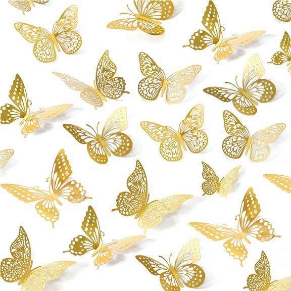 LAMIRO 3D Gold Butterfly Wall Sticker 48 Count Butterfly Wall Decor Gold Butterflies