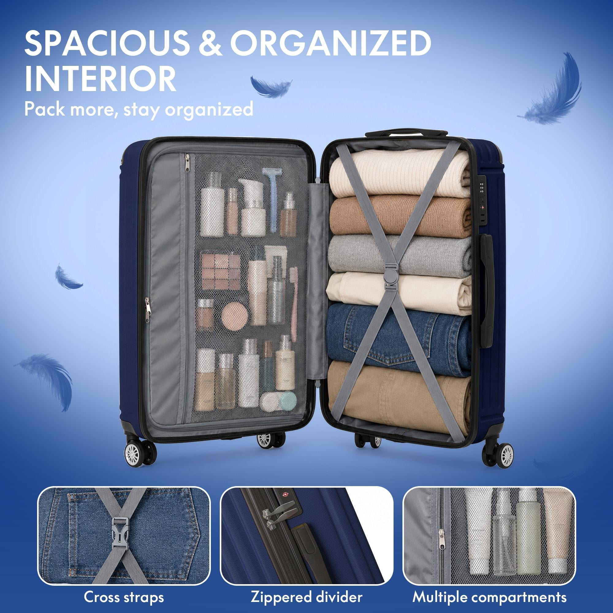 3-Piece ABS Hardshell Luggage Set, Lightweight Scratch-Resistant Suitcases with Silent Spinner Wheels & TSA Lock, Navy Blue