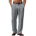thumbnail image 2 of Men's Linen Blend Dress Pants Pleated High Waist Straight Leg Loose Fit Business Office Casual Trousers Gray L, 2 of 5