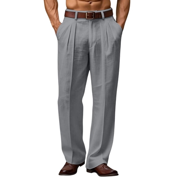 GrmtClth Pant for Men Relaxed Fit Wide Leg Trouser Breathable Linen Dress Pant Fashion Straight-Leg Slacks Pants Gray XL