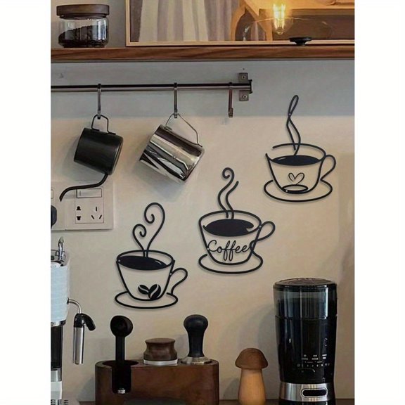 HELLOYOUNG 8.6 Inch 3pcs Rustic Heart Adorned Coffee Mug Decor Vintage Coffee Mug Decor Waterproof & Rust-Proof Metal Wall Sculpture for Cafe Kitchen Decoration