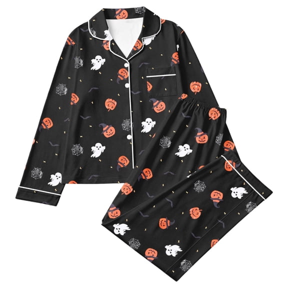 Ruiwill Halloween Pajamas Women Pumpkin Print Sleepwear Long Sleeve Lapel Tops With Pants Women 2 Pieces Pajamas Set Black