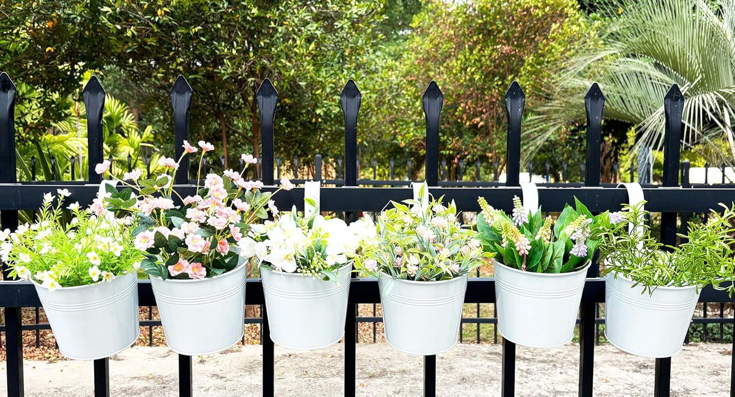 6 Pack Hanging Flower Pots, 6" White Metal Balcony Planters for Herb Succulent, Samll Railing Fence Hanging Bucket for Outdoor/Indoor Decoration (White, Pack of 6)