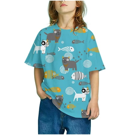 

Leutsin Girls Boys Fashion Short Sleeve Cartoon Dinosaur Pattern Tops Child Crewneck Summer Casual Loose Tshirt