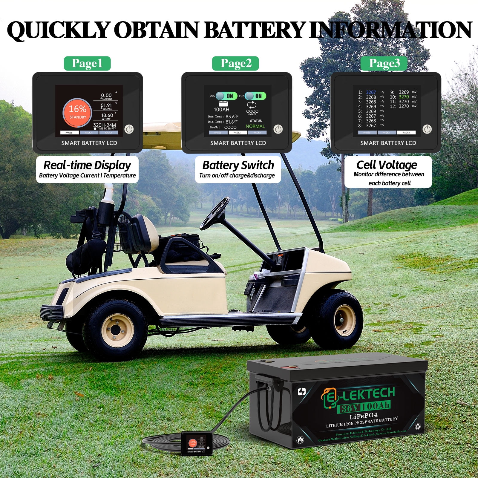 36V 100Ah Golf Cart LiFePO4 Lithium Battery, 8000+ Deep Cycles, 200A BMS, 3840Wh Energy, Perfect for Off-Grid, RV, Solar Power System, Home Backup