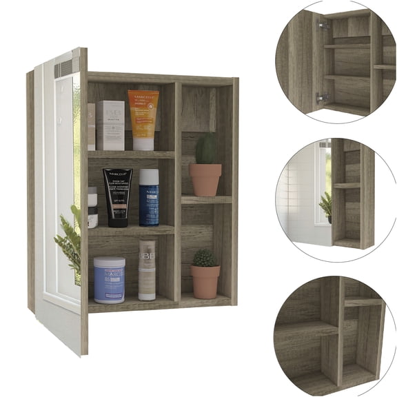 JERFIT Walnut Finish Wall Mount Medicine Cabinet with Mirror Door and 5 Adjustable Shelves, Bathroom Storage Organizer for Bathroom Essentials