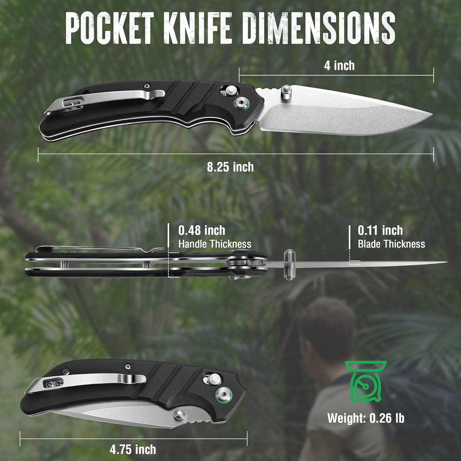 Folding Pocket Knife, 4" Stonewash Stainless Steel Blade EDC G10 Handle with Axis Lock & Clip, Small Tactical Survival Knife for Hiking, Hunting, Outdoor Gifts Men Women