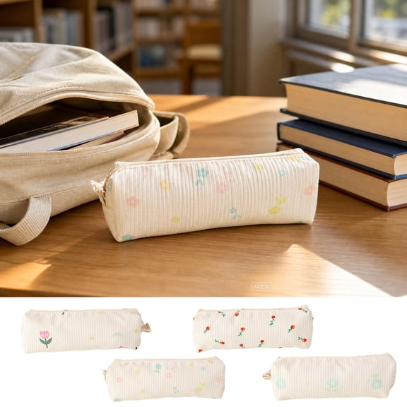 Hyknon Pencil Pouch Bag, Cute Floral Pen Case, Large Capacity Zipper Pen Box Pouch, Soft Striped Portable Stationery Storage Bag for Adult, Multi-Functional Makeup Bag for Daily Campus Office(B)