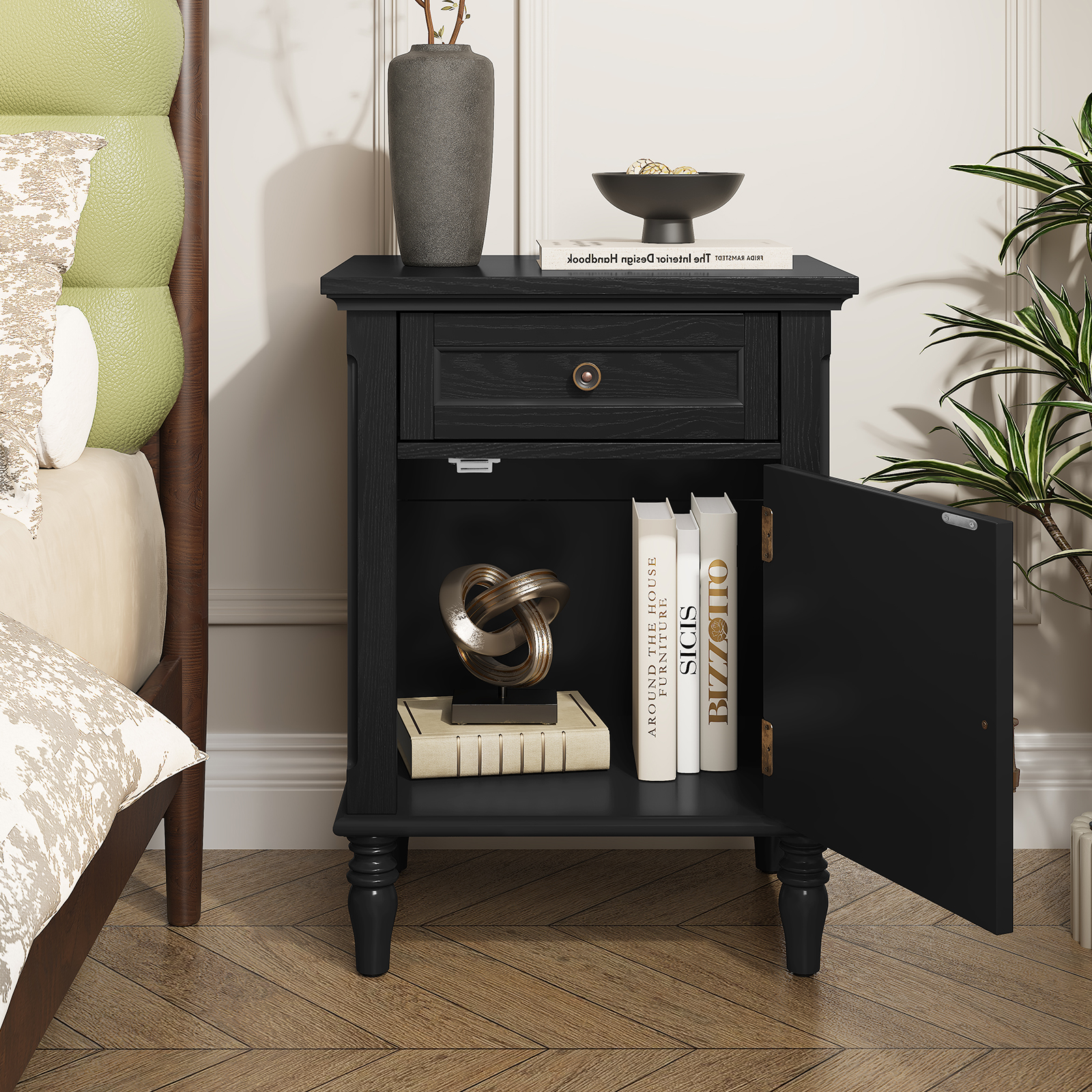HLR 25"H Nightstands Set of 2, Modern Retro Bedside Table with Drawer, End Table for Bedroom, Black