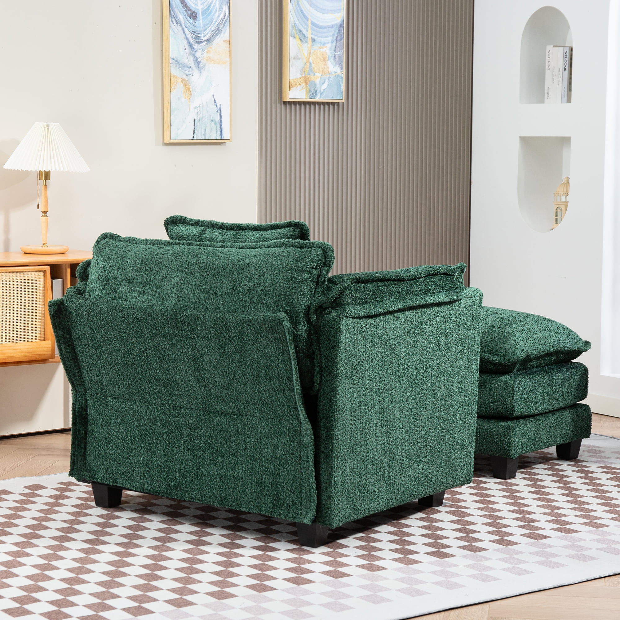 Miniyam 55" x 39.76" Premium Oversized Boucle Sofa Bed with Ottoman & Side Pocket, Single Sofa, Double Cushion & Thick Wrapping Armrests, Dark Green