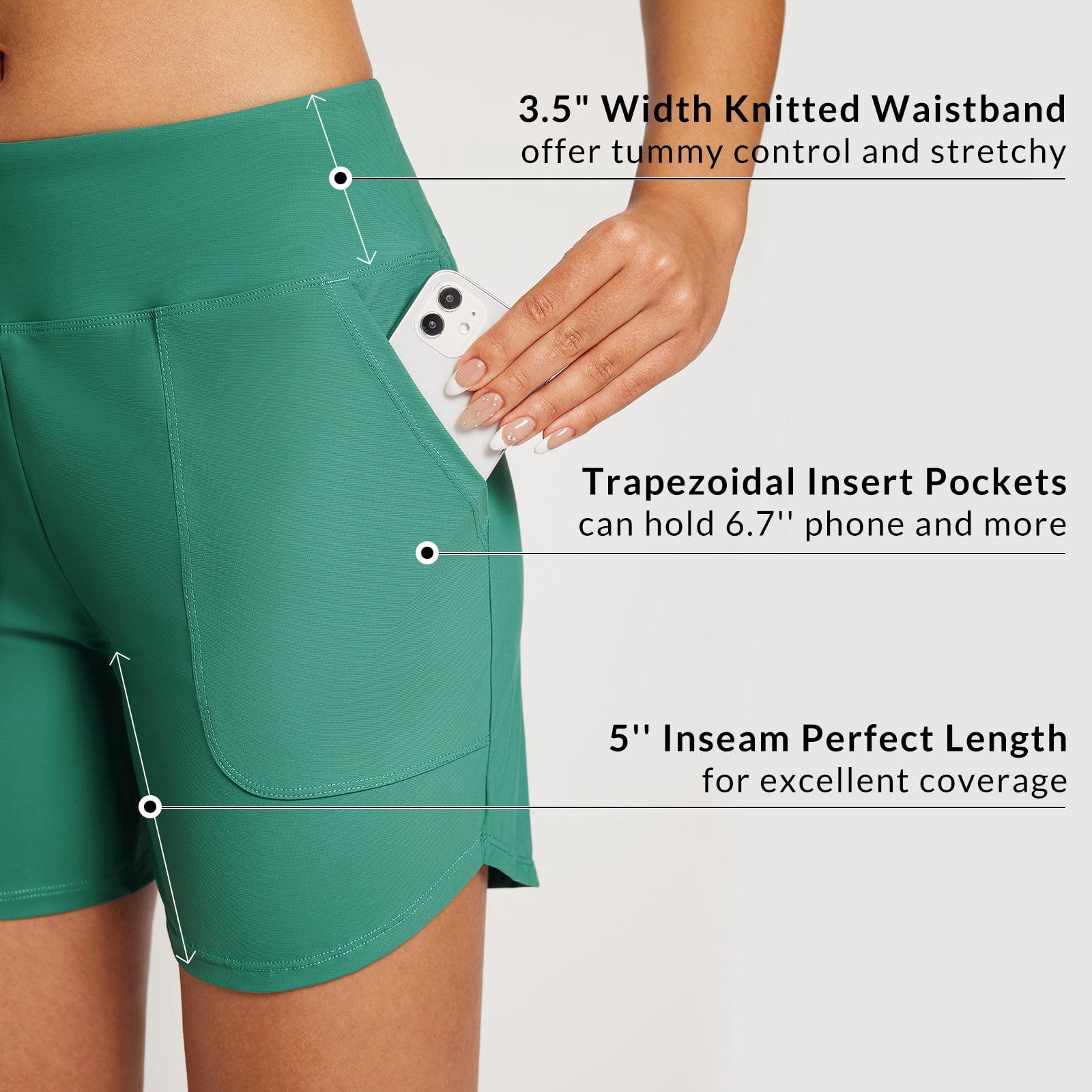 BALEAF Women's Swim Board Shorts 5 inch Swimming Bottoms High Waisted Tummy Control Swimsuits Beach Shorts with Liner Green L