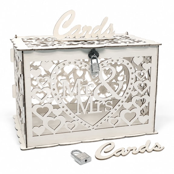 Large Wooden Wedding Card Box with Lock, Vintage White Gift Card Holder for Reception Table, Mr & Mrs Card Collection Box with Heart Cutout Design, Wedding Decoration Centerpiece for Cards
