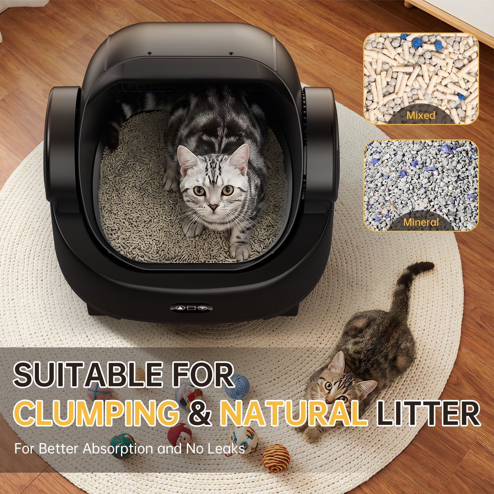 Self-Cleaning Litter Box for Multiple Cats – Automatic Open-Top Cat Litter Box with App Control & Smart Safety Sensors – Includes Litter Liner Bags & Waterproof Litter Mat – Black