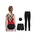 thumbnail image 2 of Hansber Kids Girls 4-Piece Gymnastics Leotard Sparkling Figure Ice Skating Outfit with Shorts Leggings Hairband Red 6, 2 of 7