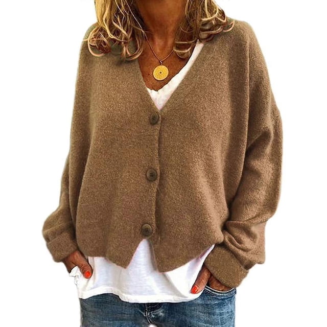 Womens Sweater Knitted Casual V-neck Solid Color Cardigan Sweater