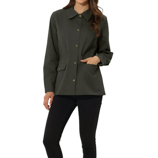 Chaquetas utilitarias para mujeres INSPIRE CHIC con cintura ajustable, bolsillos con solapa, chaquetas con cremallera y botón en gris oscuro 3XL
