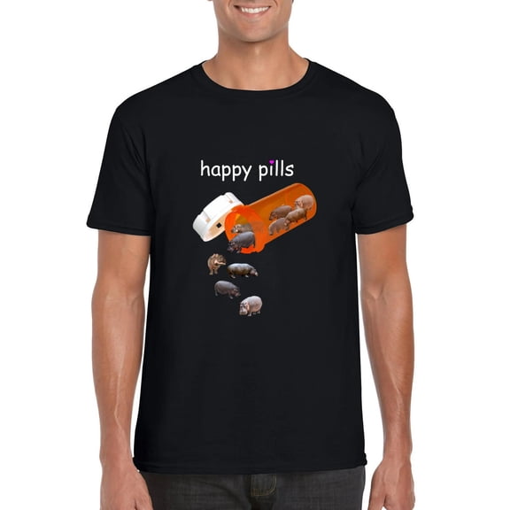 Happy Pills Hippo Funny Animal Cute Prescription Drug Humor T-Shirt, for men & women, up to size 5XL