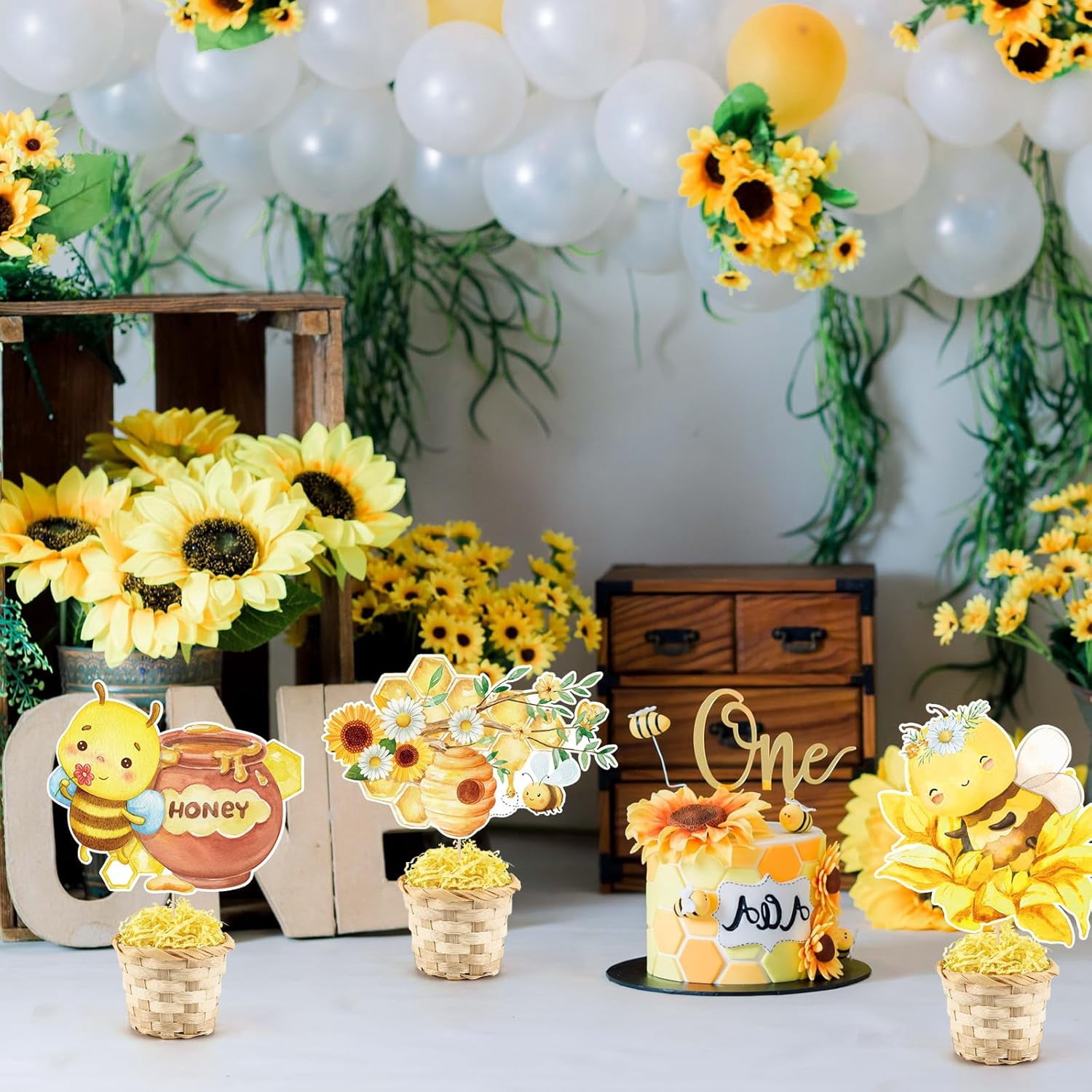 6 Set Bee Bumble Honeycomb Baby Shower TableCenterpieces Decortion with Bamboo Basket A Little Bee Is On The Way Welcome Oh Baby Boy Girl Gender Reveal Party Birthday Nursery Cake Toppers Tiered Tray