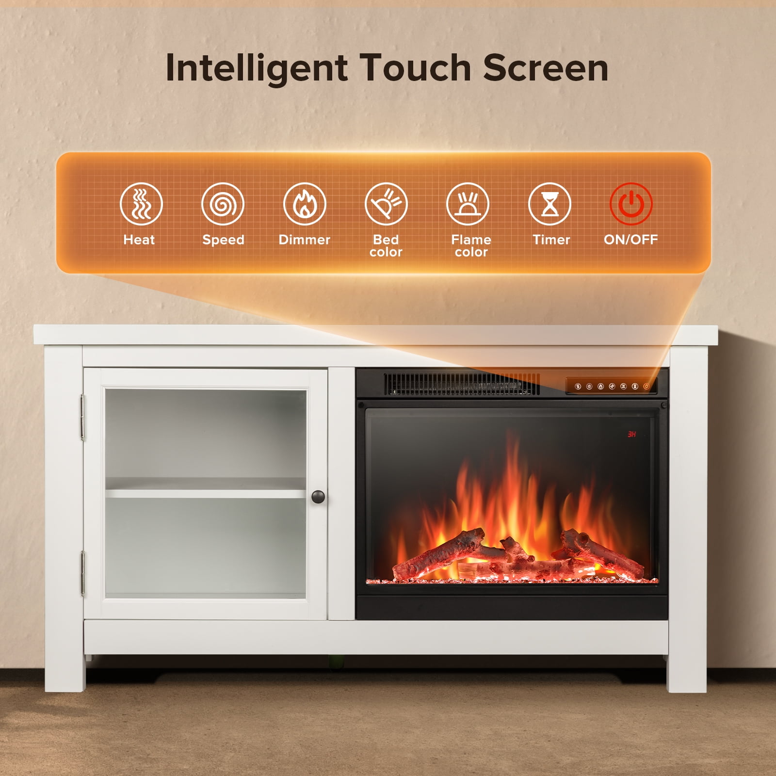 KISSAIR 48'' Electric Fireplace Mantel, Remote Control, Adjustable LED Flame, 750W/1500W Free Standing Fireplace（White）