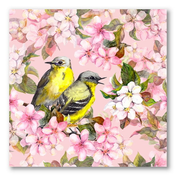 Designart ' Birds On Pink Cherry Sakura and Apple Flowers I ' Traditional Canvas Wall Art Print