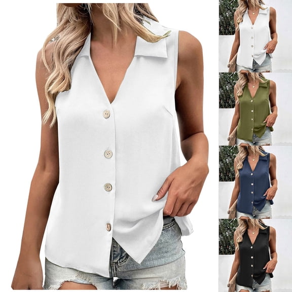 Tank Tops for Womens Summer V Neck T Shirts Solid Color Loose Sleeveless Button V-Neck Vest