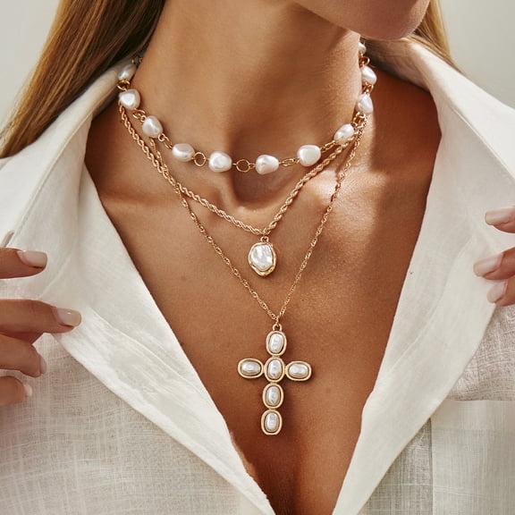 NICKSUN Punk Cross Choker Necklace for Women Statement Chunky Layered Pearls Beaded Chain Vintage Y2K Flower Faith Pendant Tassel Dainty Party Wedding Jewelry