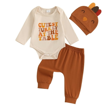 

Elippeo Boys 3PCS Thanksgiving Outfit Sets Long Sleeve O Neck Letter Print Romper Solid Color Pants Hat Sets 3 6 12 18 Months