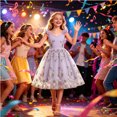 thumbnail image 4 of Girls Tulle Princess Dresses Trendy Embroidery Flower Lace Ruffle Spaghetti Gown for Pageant Wedding Birthday Party Graduation Dance Prom Purple 5-6 Years, 4 of 6