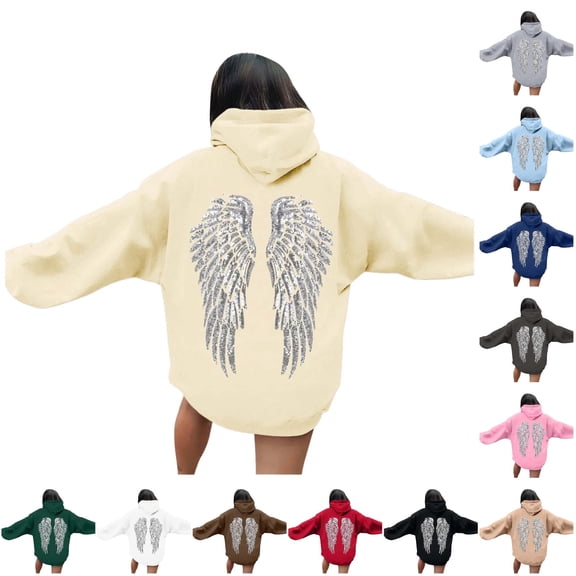 HCYSFG Women Glitter Wings Hoodie Graphic Back Print Drawstring Casual Sweatshirt Fall Winter Streetwear Comfort Lounge Pullover
