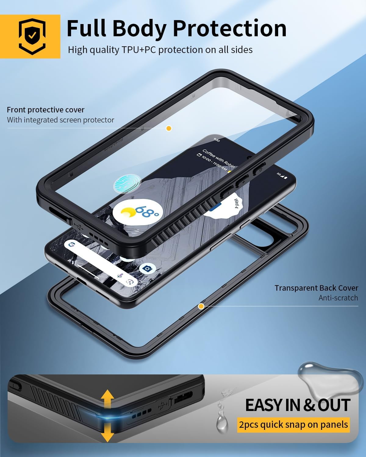 KOMI Pixel 8 Pro Case, IP68 Waterproof Dustproof Case with Built-in Screen Protector, Rugged Full Body Shockproof Protective Clear Cover for Google Pixel 8 Pro, Black