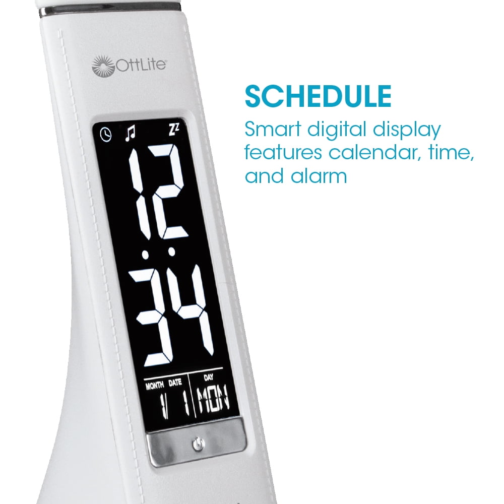 OttLite Modern Adjustable Thrive Lamp LED Sanitizing Desk Lamp with Clock and USB Charging, Polished White, Touch Activated, Flexible Neck, Modern Light for Reading, Crafting & Office