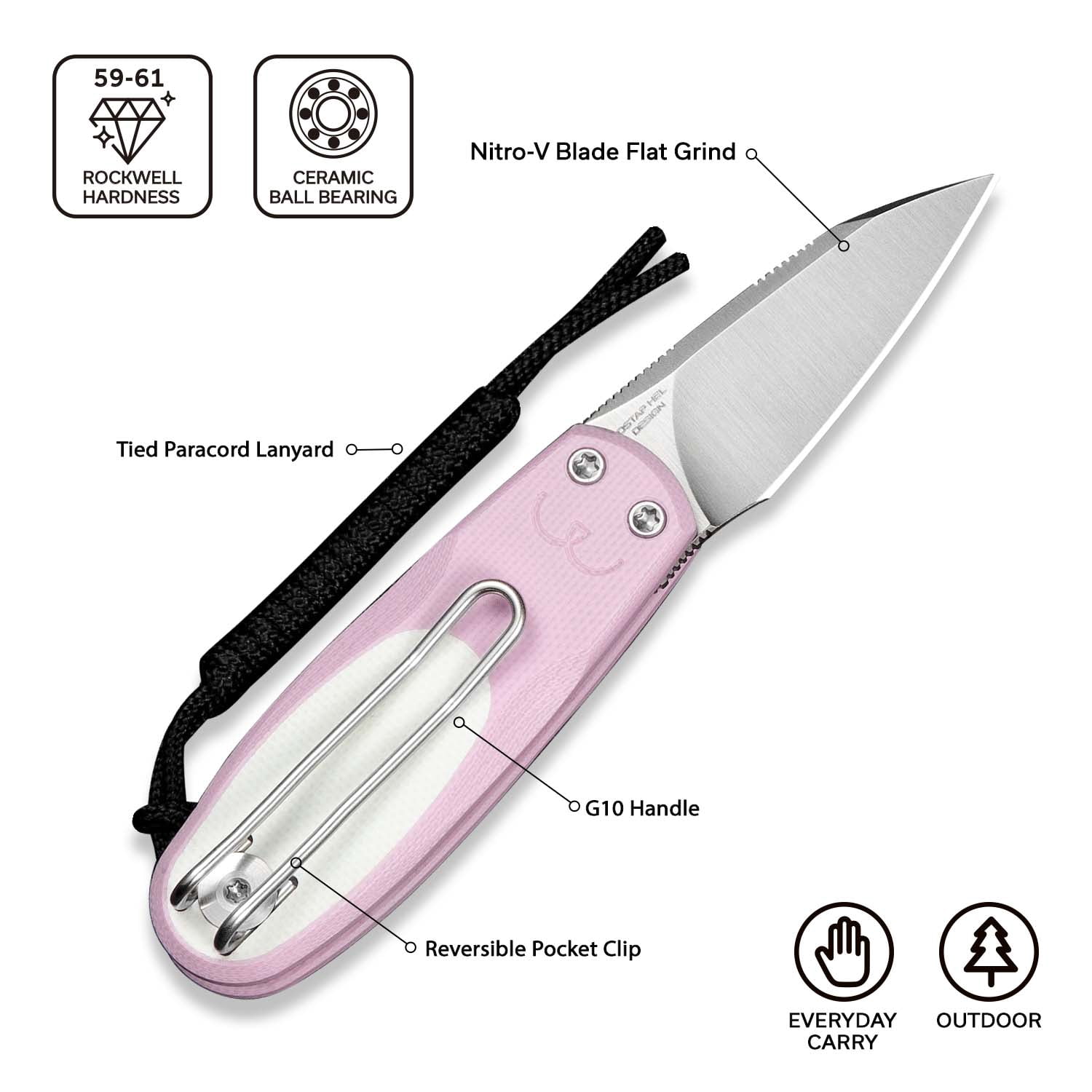CIVIVI Purr Pocket Knife Folding Knife Slip Joint Knife with 1.83" Satin Finished Nitro-V Blade Powder Pink & White G10 Handle C25054-4, With 1PC Black Lanyard