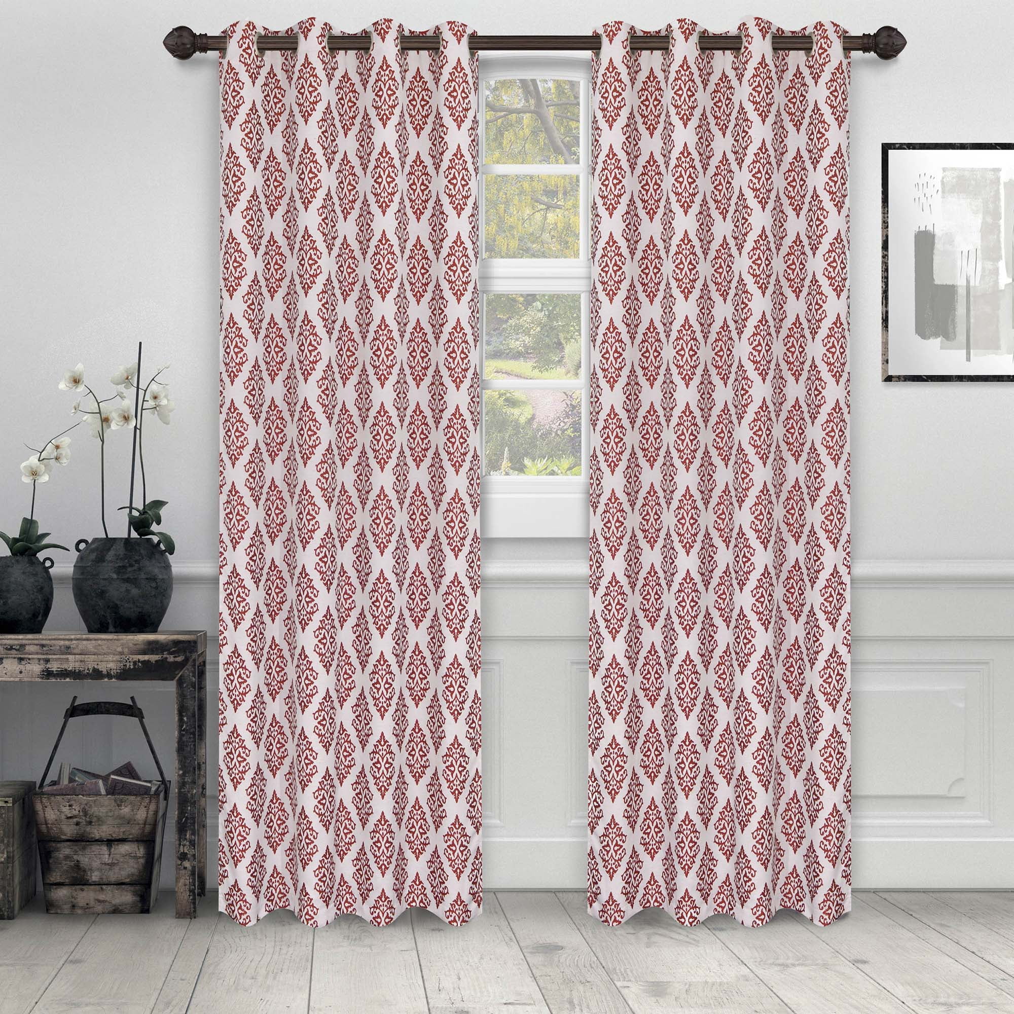 Superior Venetian Damask Jacquard Grommet Curtain Panel, Set of 2, 52" x 84", Ruby