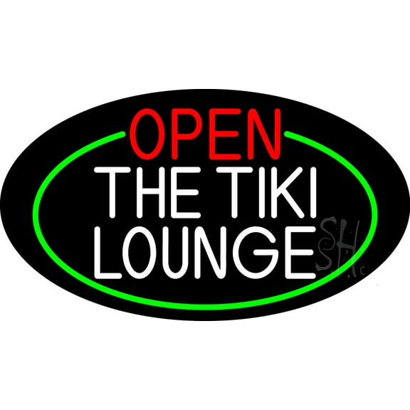 Open The Tiki Lounge Oval With Green Border LED Neon Sign 13 x 24 - inches, Clear Edge Cut Acrylic Backing, with Dimmer - Bright and Premium built indoor LED Neon Sign for Bar decor.
