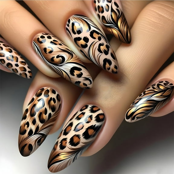 Leopards Print Press On Nails Almond False Nails Long Glossy Artificial Nails Full Covers on Nails for Women