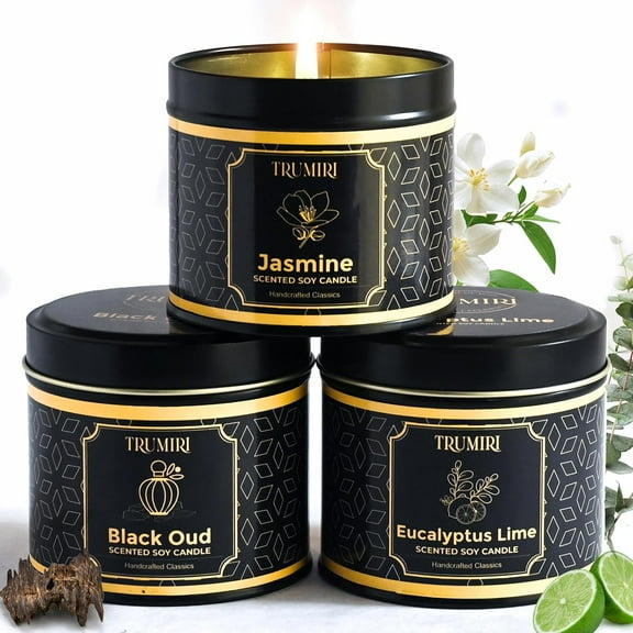 Candle Gift Set of 3 Black Oud|Jasmine|Eucalyptus Lime Highly Scented Soy Candels Natural Non Toxic Velas Aromáticas Favors for Women Coworkers Friends Guests Also for Fall Diwali Christmas Holidays