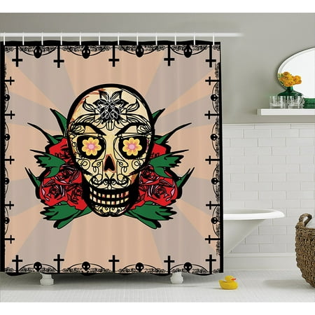 Mexican Decorations Shower Curtain By Sugar Skull With Red Rose
