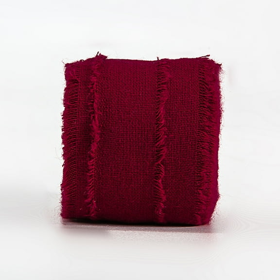 NAMZI 5 Yard 1.6 Inch Rustic Cotton Linen Ribbon, Frayed-Fringe Style for Wedding Invitations, Bridal Bouquets, Gift Wrapping & Crafts, Wine Red