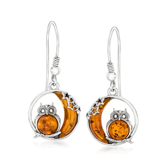 Ross-Simons Amber Owl and Crescent Moon Drop Earrings in Sterling Silver, Women's, Adult