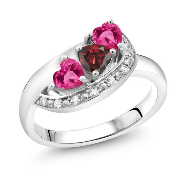 Gem Stone King 925 Sterling Silver Red Garnet and Pink Created Sapphire and White Created Sapphire Engagement Ring for Women (1.39 Cttw, Gemstone January Birthstone, Heart Shape 4MM, Size 5)