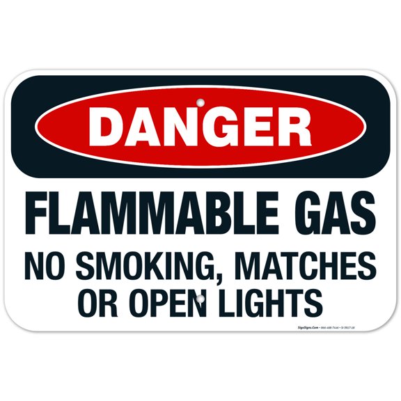 Flammable Gas No Smoking, Matches Or Open Lights Sign, OSHA Danger Sign, 12x18 Aluminum