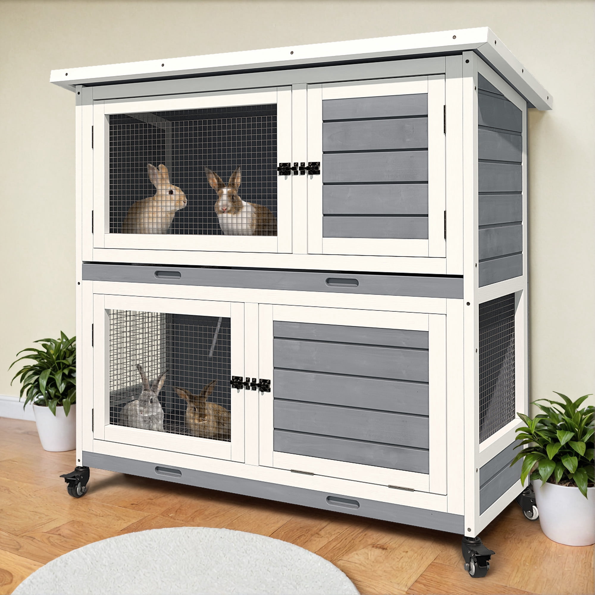 ModFusion 41" Portable Rabbit Hutch with Wheels, Opening Roof & Removable Tray for Indoor/Outdoor