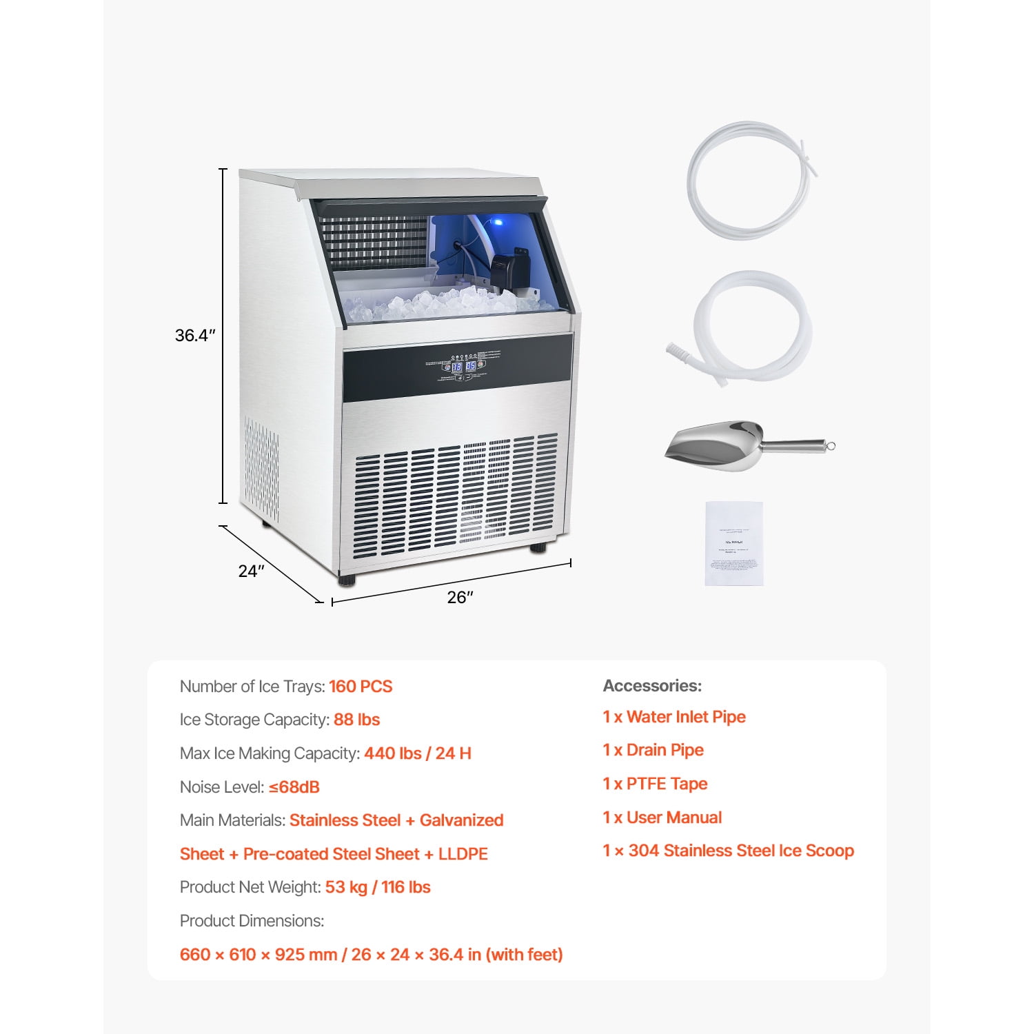 KFFKFF 440lbs/24H 160 Ice Cubes with 88lbs Storage Capability Commercial Ice Maker Machine Stainless Steel Under Counter ice Machine 27.76 in W, 45.47 in H with Auto Clean